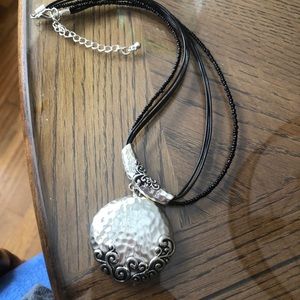 3 stranded black necklace w/ large silver pendant